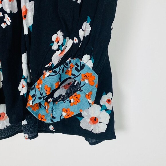 Ba&sh Floral Smock Blouse Bright Black V Neck 3/4 Length, Size 3 / 10 / L - Picture 6 of 12